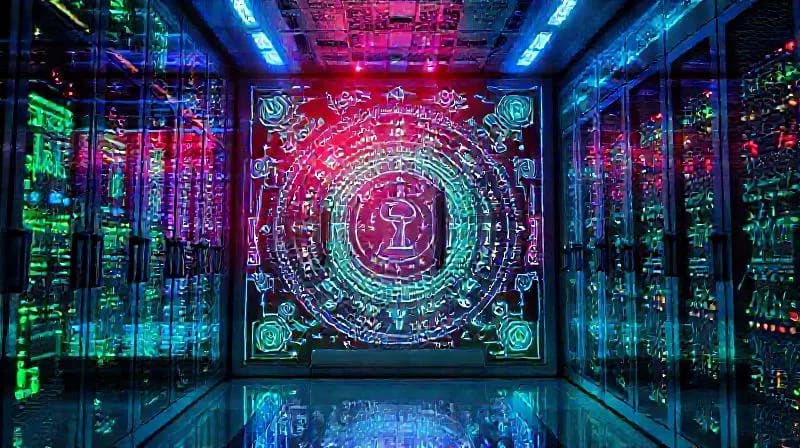 3D render of a secure data vault with holographic PQC algorithms