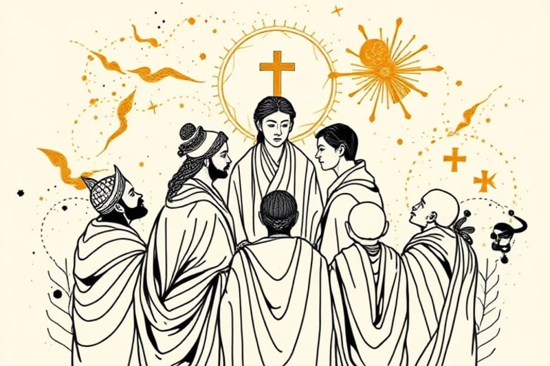 Grupo de personas diversas unidas en un círculo de luz protectora, con formas abstractas de conflicto disolviéndose en el fondo, simbolizando la unidad y la intervención divina para la paz.