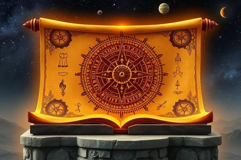 Ilustración de un pergamino antiguo desplegándose para revelar un mecanismo de relojería cósmico con engranajes que representan eventos históricos y alineaciones celestiales, simbolizando un plan divino.