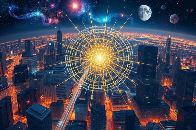 Detailed digital painting of a city map overlaid with sacred geometry and glowing ley lines.