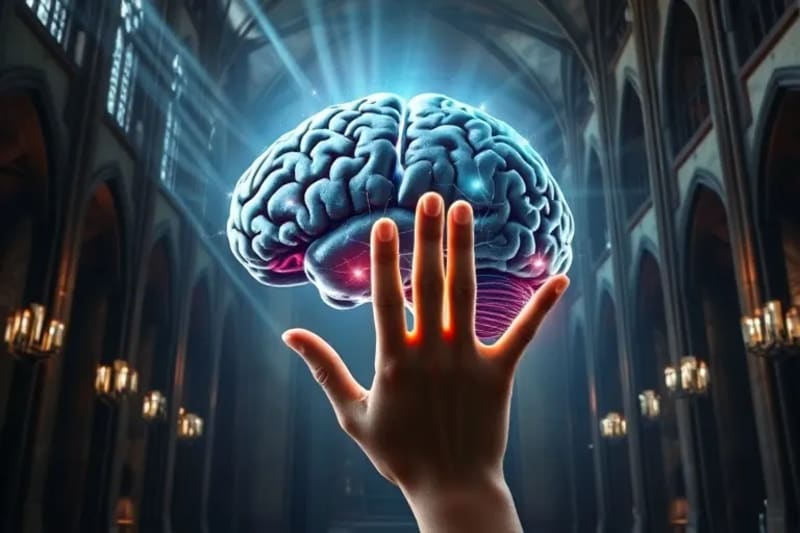 Ilustración científica detallada de un cerebro humano con áreas resaltadas como el sistema límbico y la corteza prefrontal, conectadas por vías de energía brillante a un contorno estilizado de una mano con marcas de estigmas.