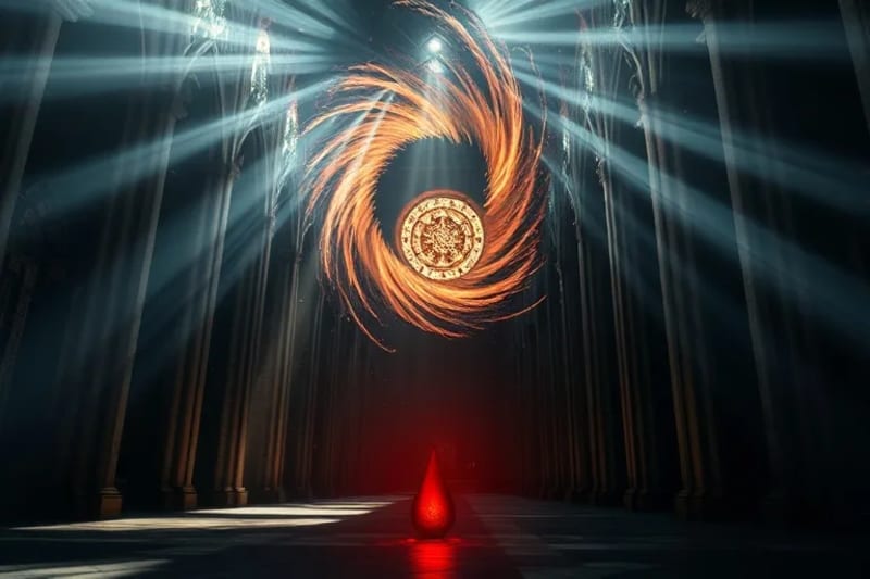 Arte digital abstracto que muestra un vórtice de luz y color que representa la conciencia, con patrones sutiles de símbolos religiosos antiguos. En primer plano, una gota de líquido carmesí flotando y reflejando la luz, simbolizando la manifestación física de la intensidad espiritual.