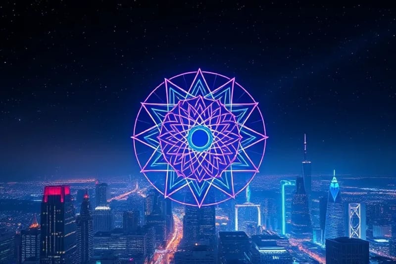 A futuristic cityscape with glowing data streams and holographic interfaces displaying AI-driven analysis of digital trends.