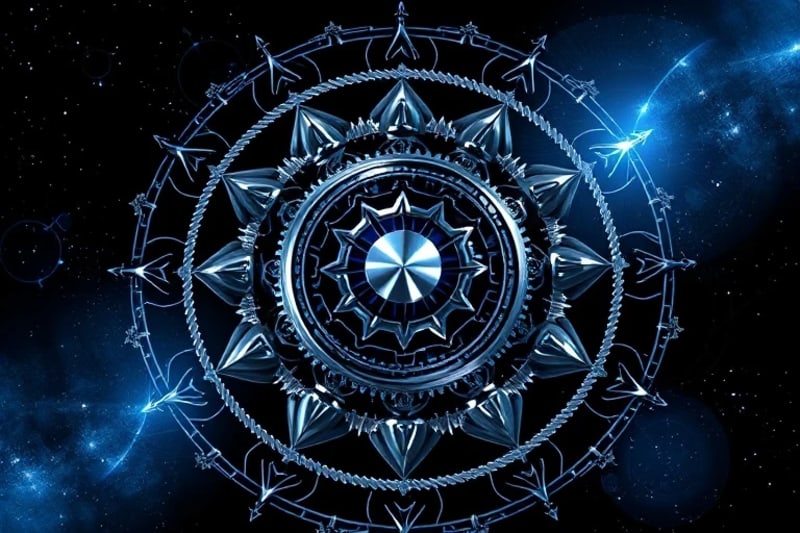 Abstract 3D render of interlocking gears and celestial bodies, symbolizing cosmic order and subtle influence.