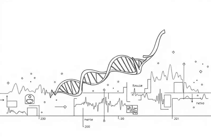Representación de una línea de tiempo digital entrelazada con una hélice de ADN, simbolizando la longevidad y la salud personalizada.