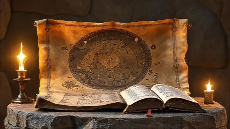 Pergamino antiguo y desgastado desenrollándose para revelar un mapa cósmico con constelaciones y símbolos angélicos, junto a una pluma estilizada y un libro abierto con escritura etérea.
