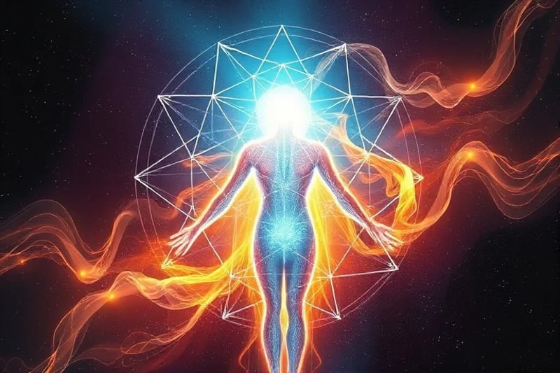 Vibrant, translucent streams of light and color representing healing energy flowing through an abstract human form, with subtle geometric patterns.