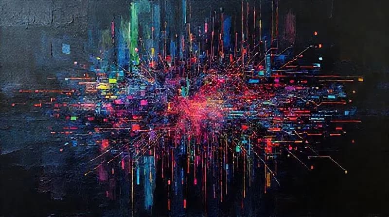 Representación abstracta de un glitch digital, con píxeles rotos y líneas distorsionadas formando una figura enigmática.