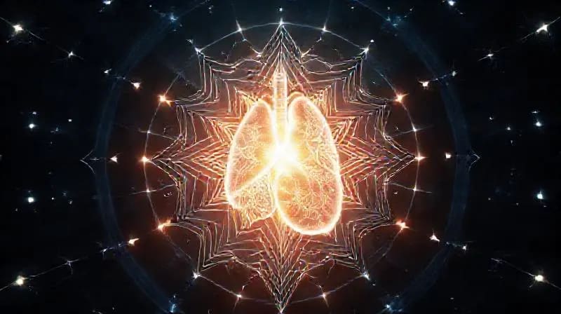A sleek, futuristic sound therapy device emitting pulsating light and sound waves, influencing an abstract, translucent human organ, suggesting cellular repair.