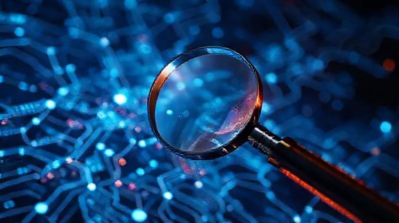Una lupa brillante examinando una red compleja de nodos y datos, con herramientas de análisis digital en un entorno de alta tecnología.