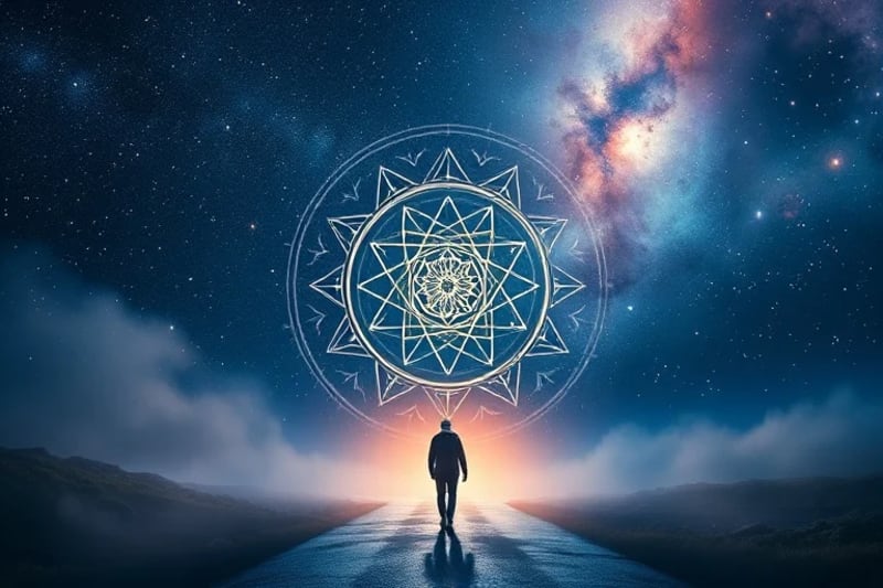 Figura solitaria en un cruce de caminos bajo un cielo estrellado, simbolizando el viaje de autodescubrimiento y la confrontación de lo desconocido.