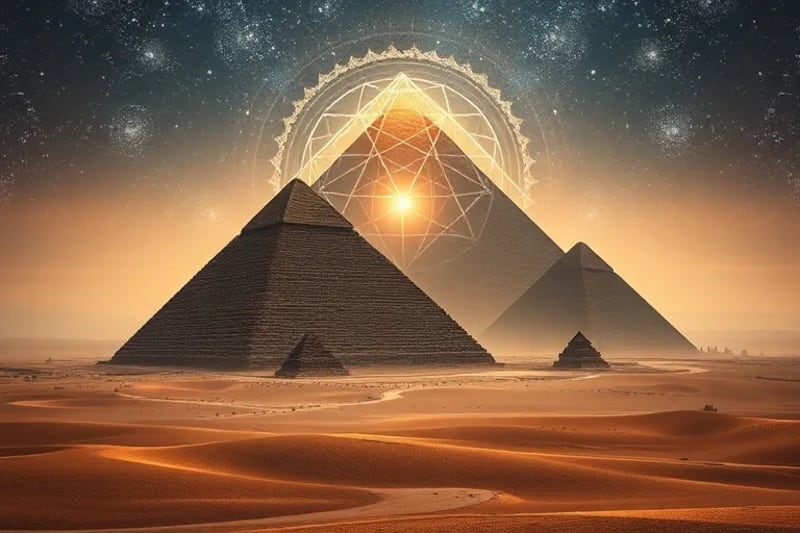 Giza pyramids aligned with Orion constellation in abstract digital painting