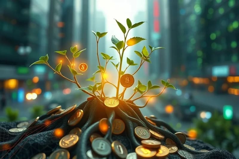 3D render of a plant growing from coins, symbolizing the fusion of finance, technology, and environmental growth.