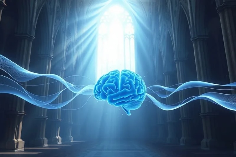 Ondas sonoras curativas fluyendo sobre un cerebro estilizado