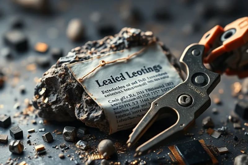Conceptual still-life of an asteroid fragment, legal blueprint, and robotic tool, symbolizing space resource law.