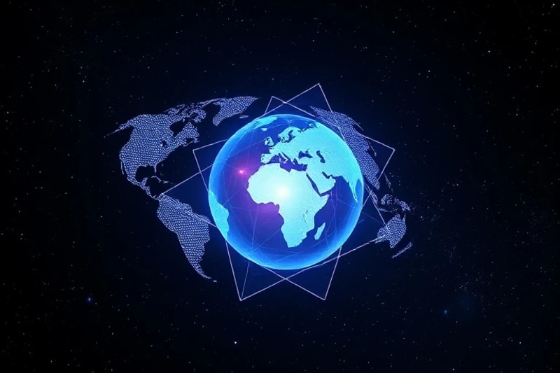 Abstract 3D render of interlocking geometric shapes symbolizing international cooperation around shared cosmic resources.