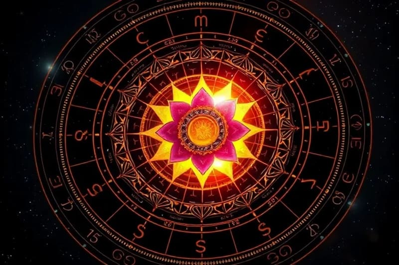 3D render of clockwork birth chart with blossoming lotus flower