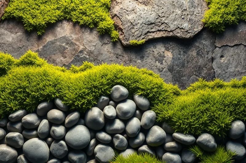 Primer plano de una superficie de pared con texturas naturales, musgo y guijarros, iluminada suavemente.