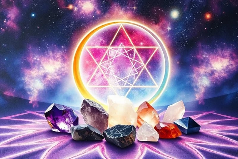 Colección de cristales pulidos bajo una luna creciente estilizada, con líneas de energía conectándolos
