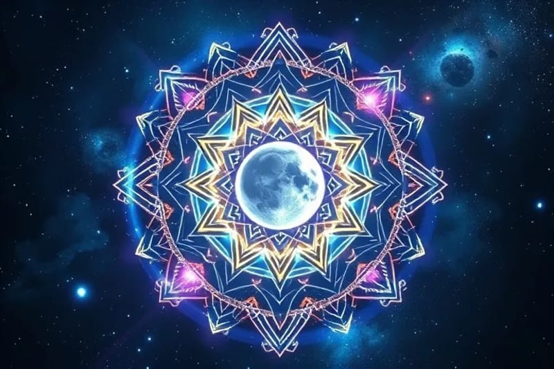 Representación abstracta de linaje ancestral con hilos de luz, cristales y una luna distante