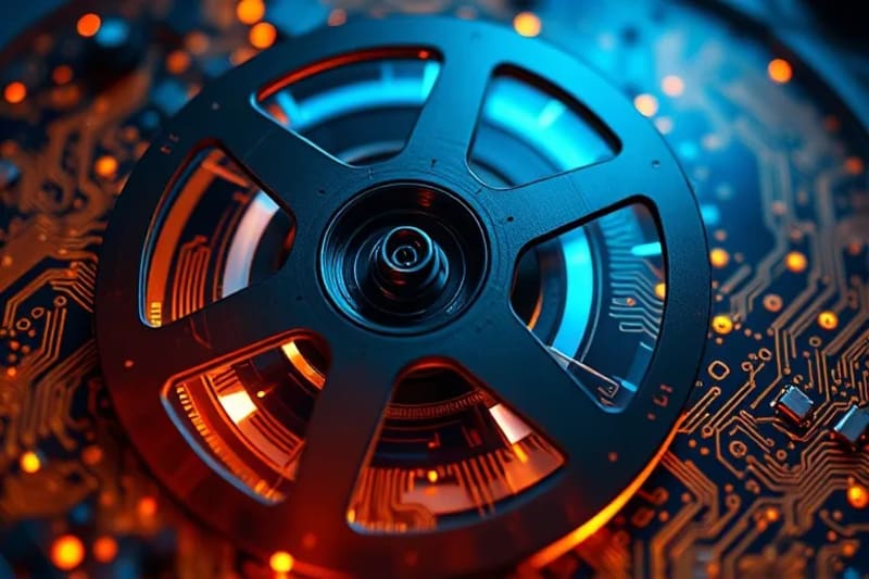 Un carrete de película vintage entrelazado con circuitos electrónicos, representando la dualidad de una carrera cinematográfica y una mente inventiva.
