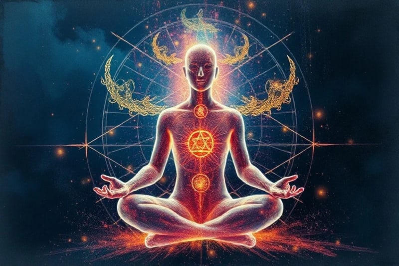 Meditating figure surrounded by data streams and holographic symbols