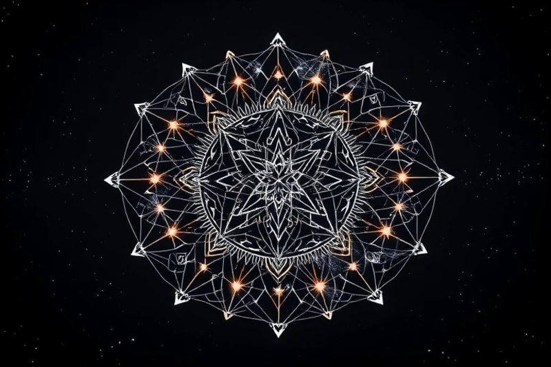Stylized brain with esoteric symbols and interconnected light pathways