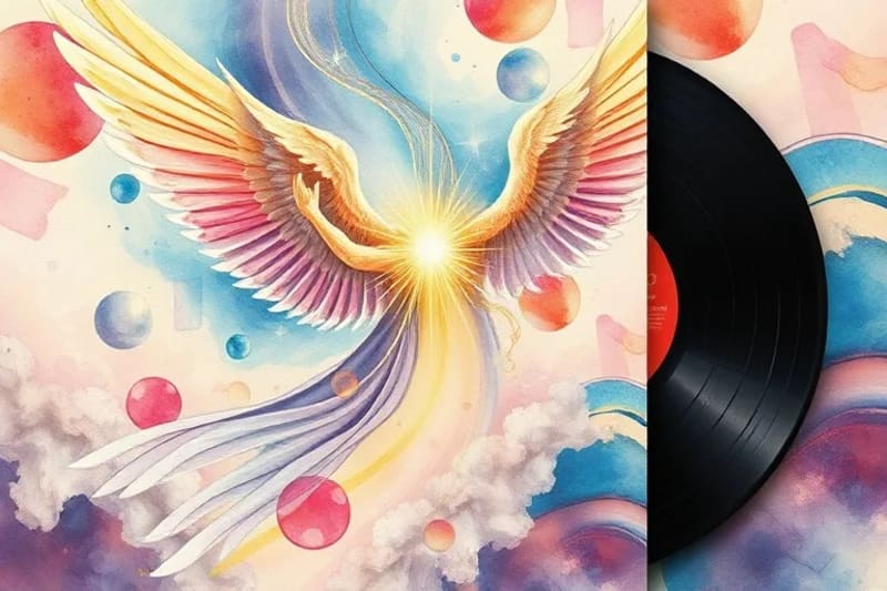 Pintura abstracta en acuarela de colores vibrantes que se mezclan y separan, con líneas doradas