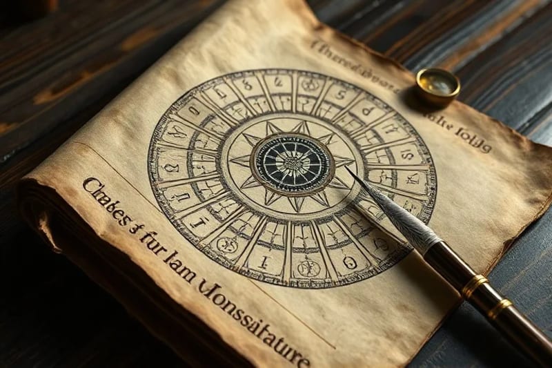 Digital painting of an ancient, weathered scroll with numerical sequences and dream symbols like a bird and labyrinth, on a wooden table.