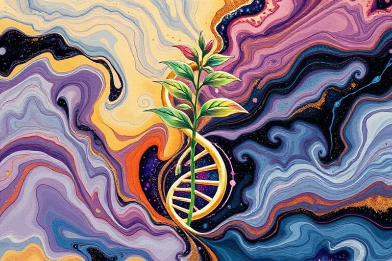 Ilustración vectorial de una doble hélice de ADN dividiéndose en caminos: uno hacia la salud y otro hacia un símbolo de dilema ético, con figuras abstractas de preocupación social