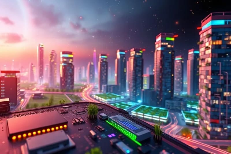 Render 3D de una ciudad futurista con edificios bio-luminescentes y flujos de datos genéticos, simbolizando la medicina personalizada y el futuro biotecnológico