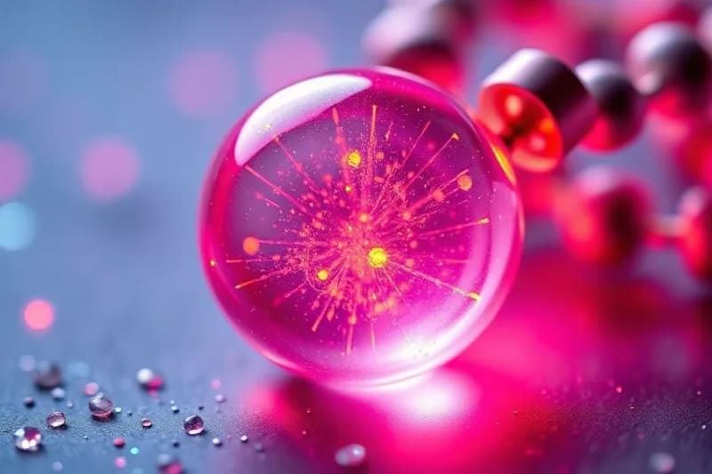 Primer plano de una cuenta de rosario esférica y translúcida que contiene una galaxia de datos y luz, simbolizando la fusión de la intención espiritual y la información digital.