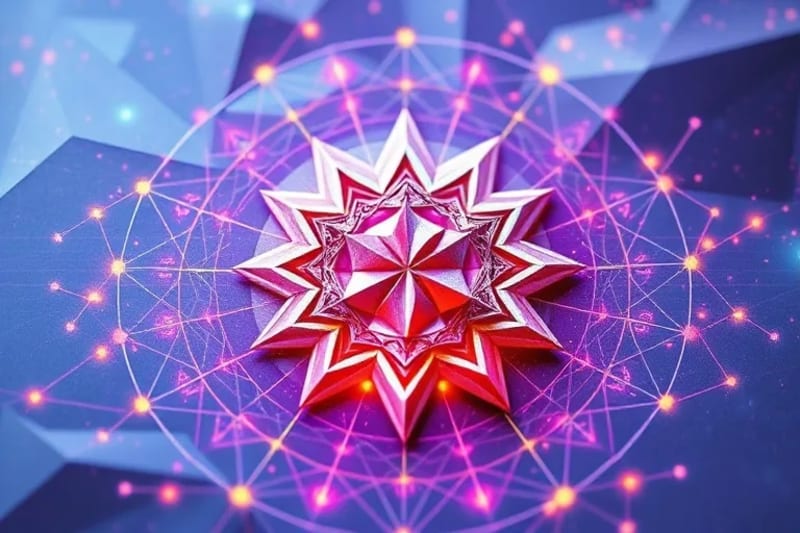 An abstract digital web of glowing lines and geometric shapes, symbolizing interconnected data and spiritual energy.