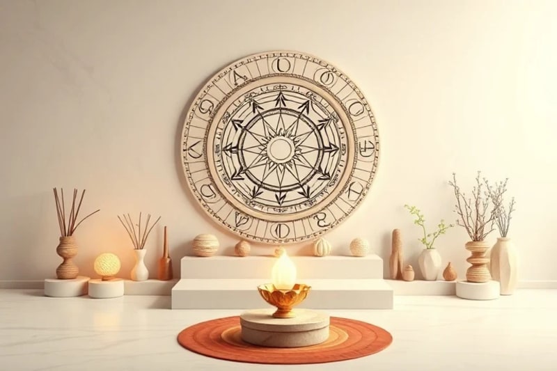 A minimalist altar with traditional spiritual items and holographic projections of algorithms, blending old and new.