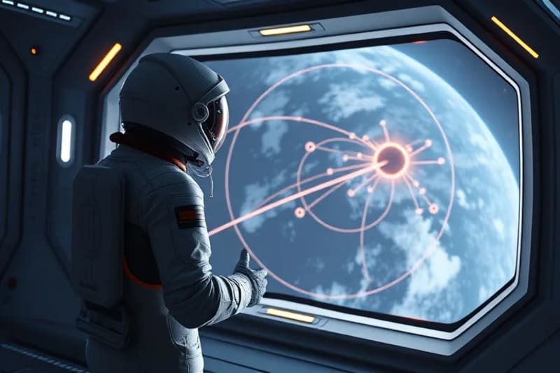 Astronaut in advanced suit looking at a holographic solar system map with glowing trajectory lines.