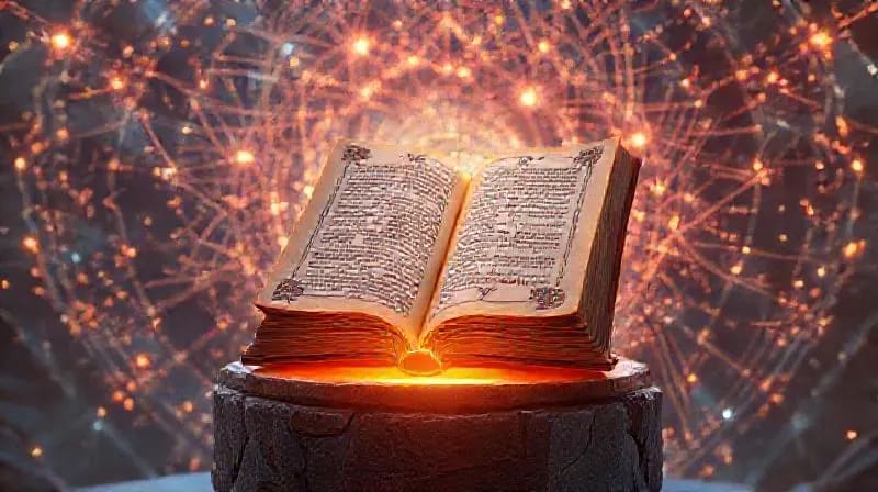 Estructura intrincada de hilos de datos luminosos con símbolos de fe incrustados, representando la fusión de lo digital y lo espiritual.