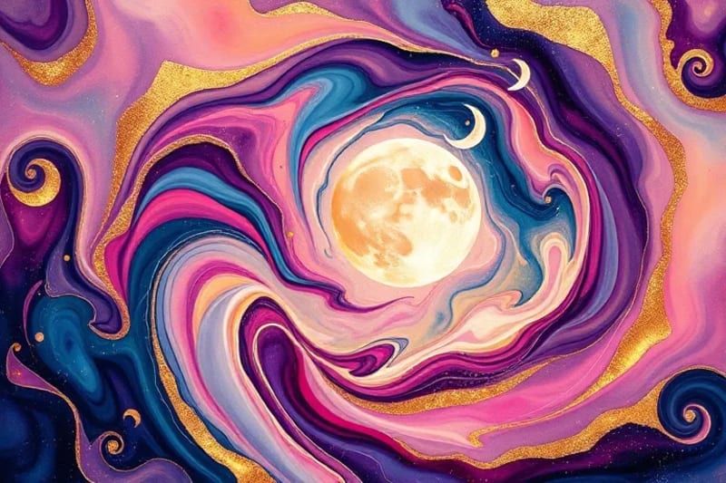Abstract digital painting of energy flow with lunar symbols and vibrant colors