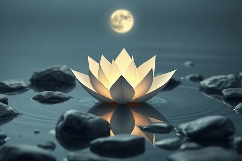 Conceptual art of a glowing lotus flower on tranquil water reflecting moonlight