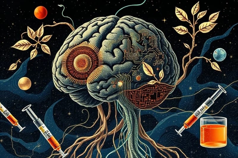 Digital painting of a human brain intertwined with circuit boards and plant tendrils, surrounded by micro-syringes and petri dishes.