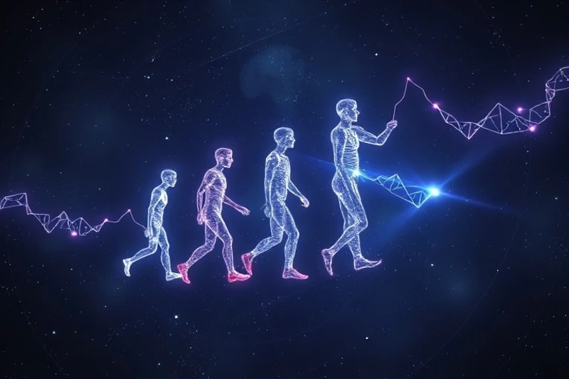3D render of human evolution paths diverging into glowing, interconnected pathways against a cosmic background.