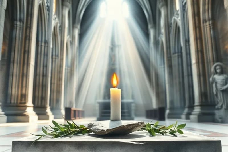 Detalle de un altar moderno con una vela encendida, una planta pequeña y una piedra lisa, en un estilo acuarela.