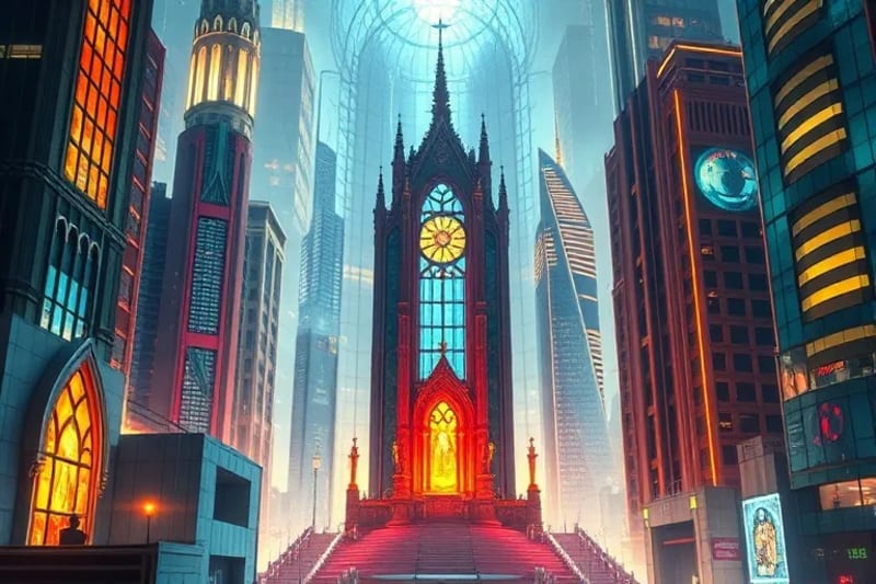 Representación conceptual de un santuario espiritual brillante y sereno, incrustado en el corazón de una bulliciosa metrópoli futurista, con líneas orgánicas y luz etérea.