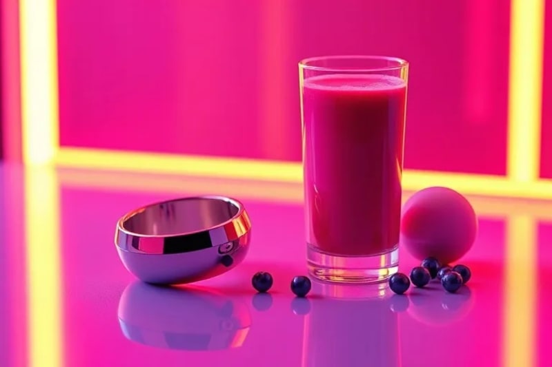 Herramientas de biohacking como un anillo inteligente, batido de superalimentos y modelo de ADN