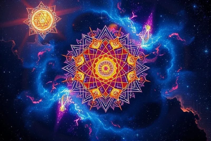 Abstract digital painting showing interconnected symbols and flowing energy, representing the unity of Hermetic principles.
