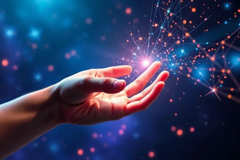 3D render of a hand touching a holographic representation of reality, with quantum particles and light trails, symbolizing conscious interaction.
