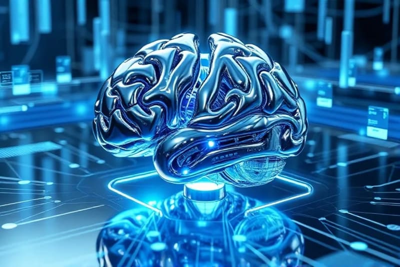 Interfaz cerebro-computadora futurista con proyecciones de datos neuronales