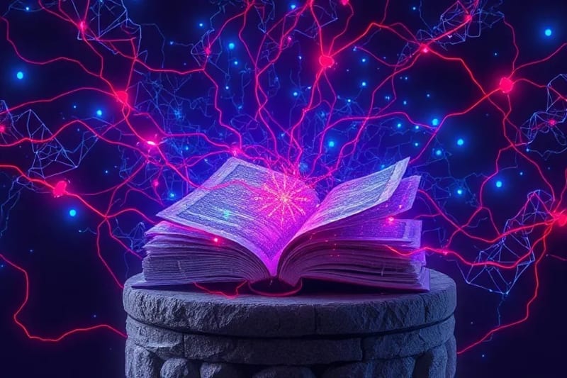 Representación abstracta de redes neuronales y líneas carmesí que simbolizan la interacción entre el sufrimiento espiritual y la manifestación física.