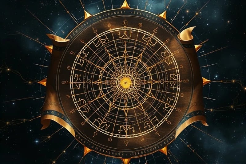 Ancient scroll unfurling, revealing intricate astrological symbols and genetic code sequences, surrounded by glowing energetic lines.