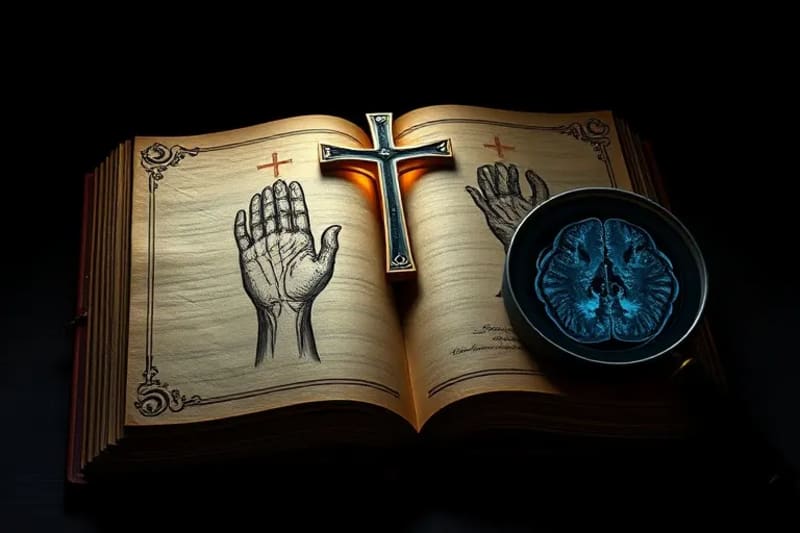 Libro antiguo con cruz y dibujos anatómicos de manos y pies, junto a una lupa que refleja un escáner cerebral, simbolizando la unión de fe y ciencia.