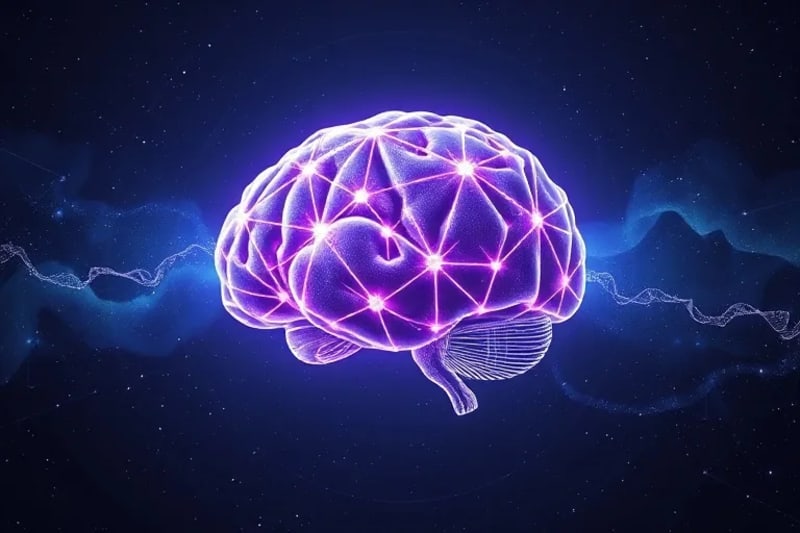 Stylized human brain intersected by a cosmic map and a translucent DNA helix, emitting energy patterns connecting to stars.